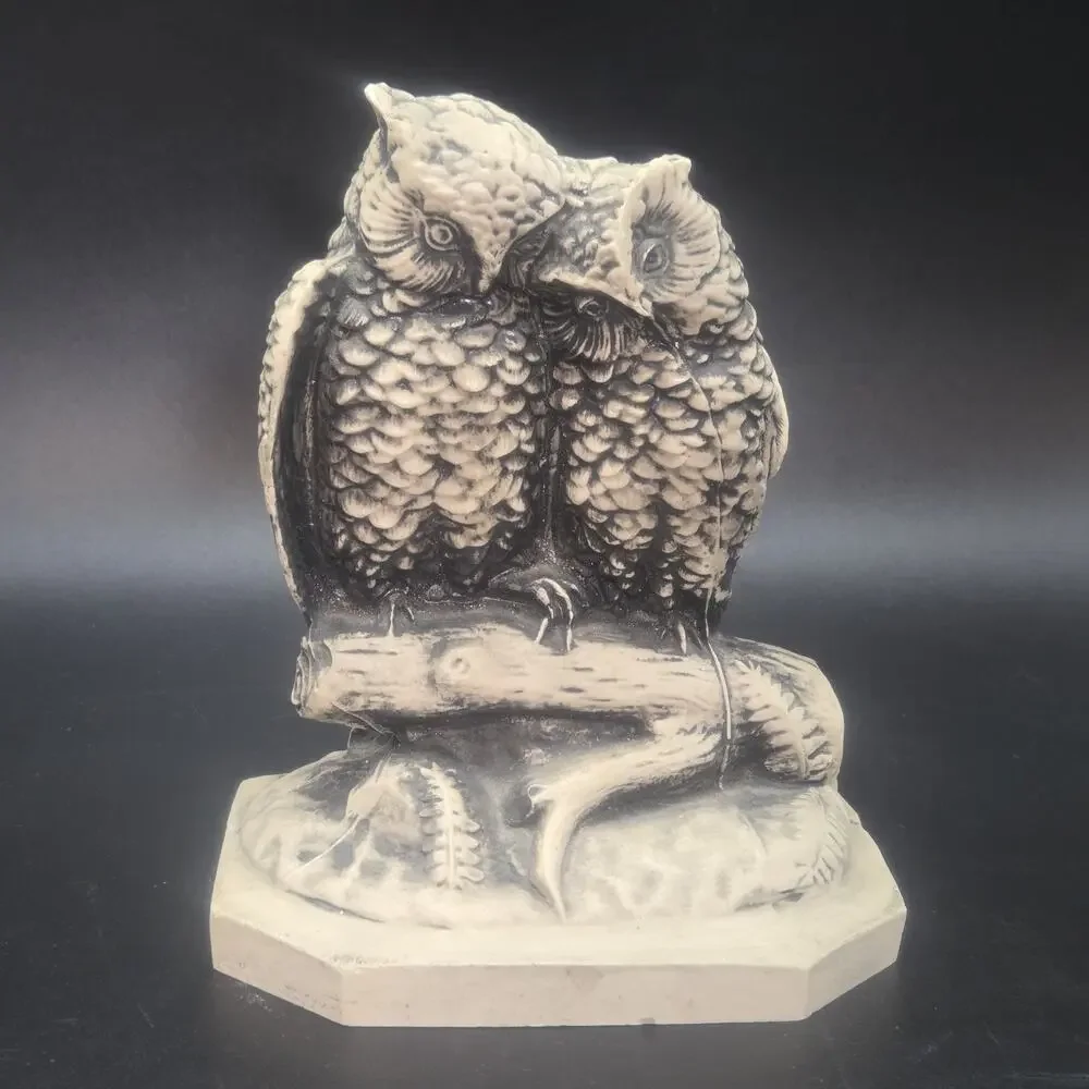 HUGGING OWLS - Vintage 70s-80s Beige & Black 2 Great Horned Statue Figurine